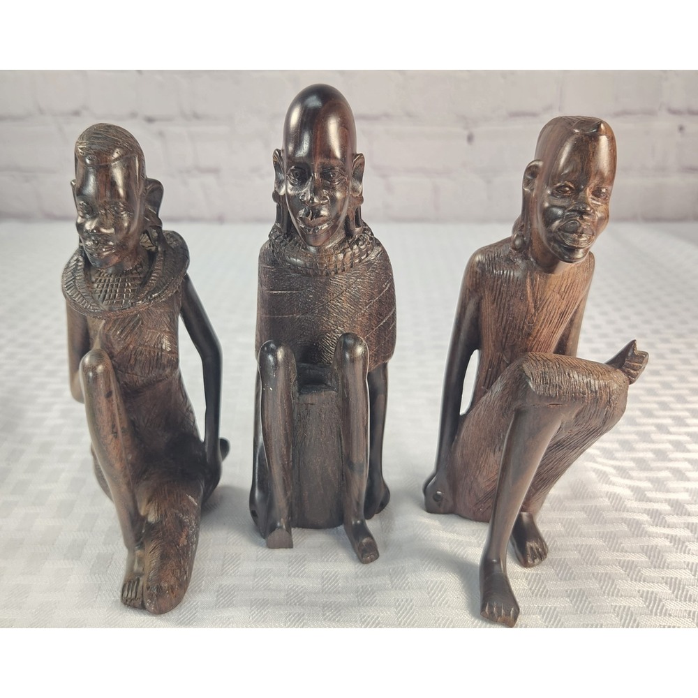 Rare Vtg David Muli Signed African Wood Carving Set of 3 Tribal Figures Ebony